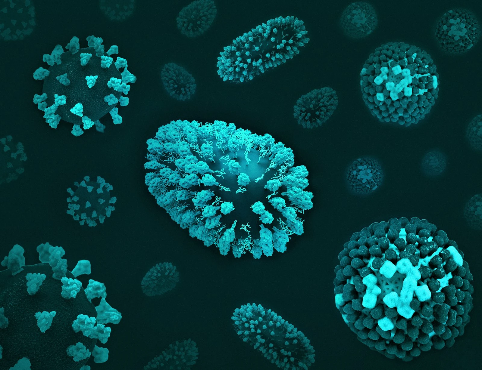 A 3D illustration of virus particles in teal